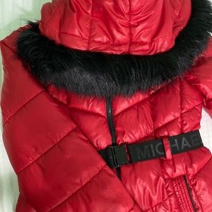 Red Michael Kors Puffer Jacket w/ Detachable Faux Fur-lined Hood and Buckle sz14